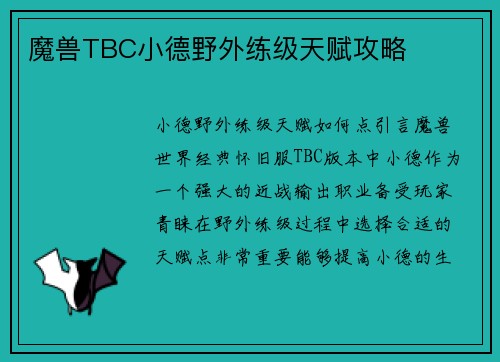 魔兽TBC小德野外练级天赋攻略